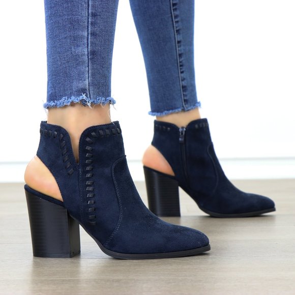 Shoes - Pointy Toe Navy Suede Ankle Boots With Sling Back